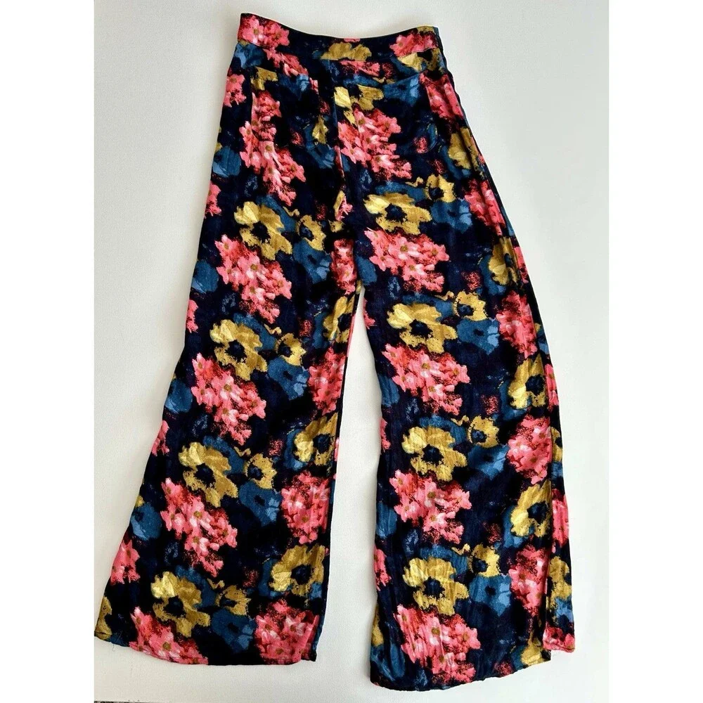 Abercrombie & Fitch Floral Wide Leg Flowy Colorful Pants Black Flat Front Size 2 - Picture 3 of 14